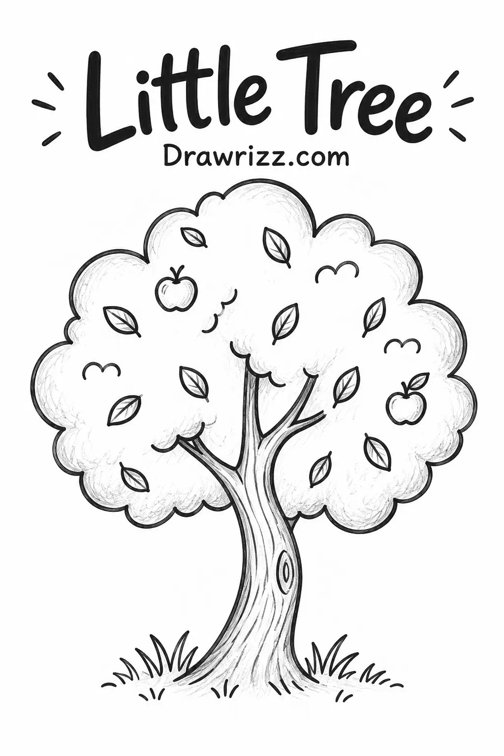 Easy Doodle Drawing Ideas featuring a little tree with leafy crown, tiny apples and simple black-and-white pencil art for kids