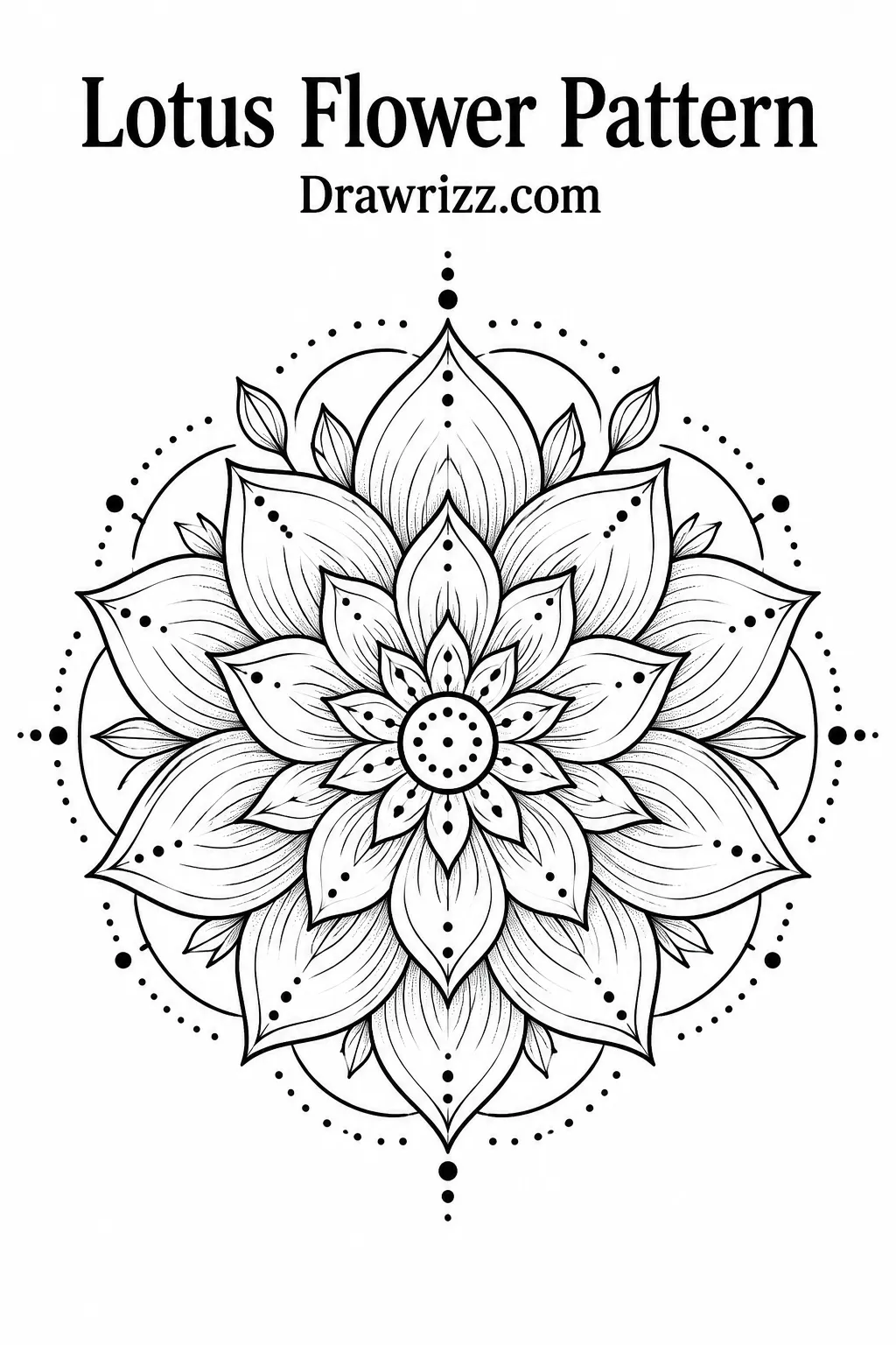 Mandala Drawing Ideas featuring a lotus flower pattern with layered pointed petals, delicate line details, dots, and elegant radial symmetry.