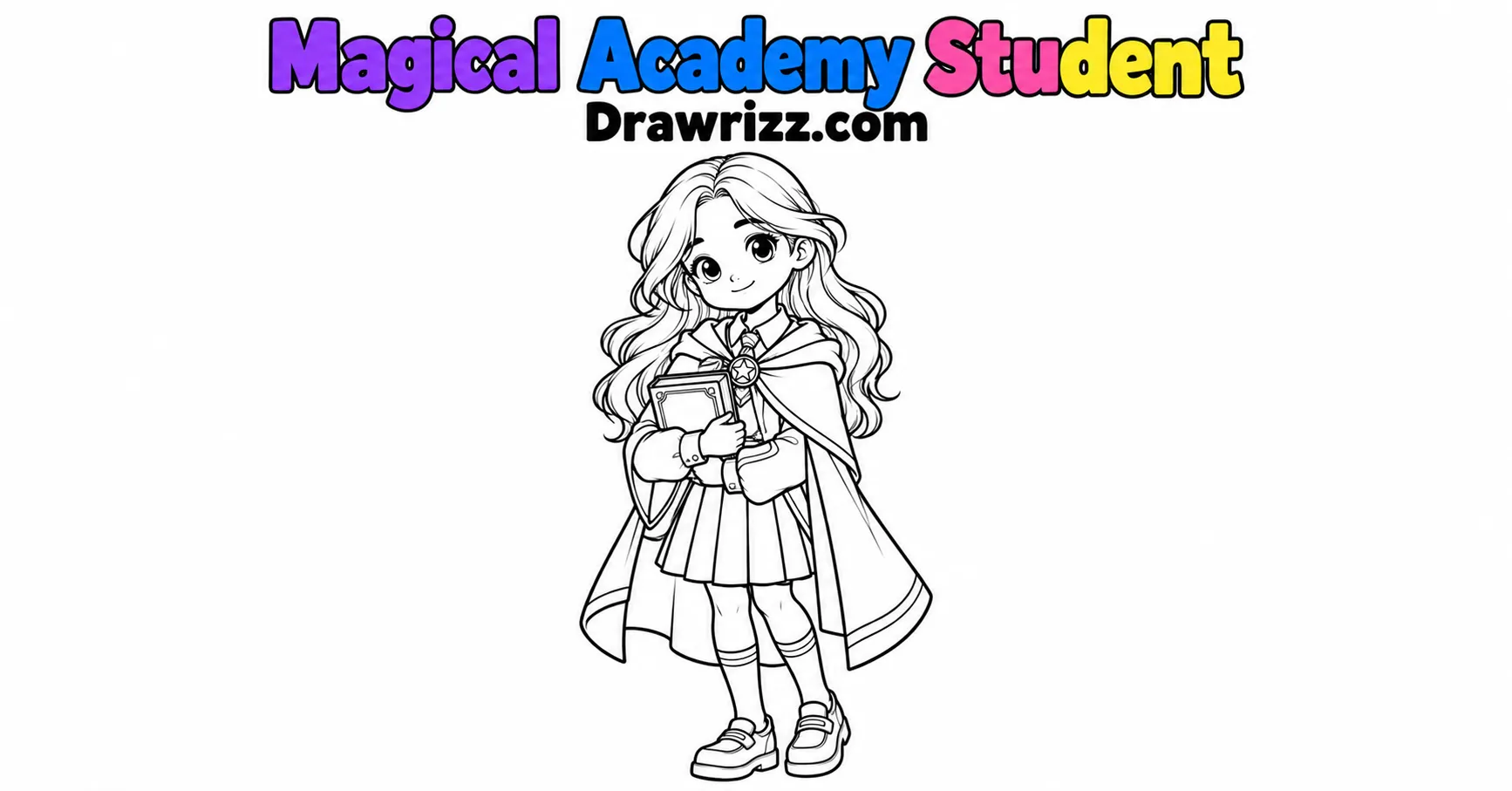Character Sketch Ideas featuring a magical academy student with long hair, cape, uniform and book in clean black-and-white line art.