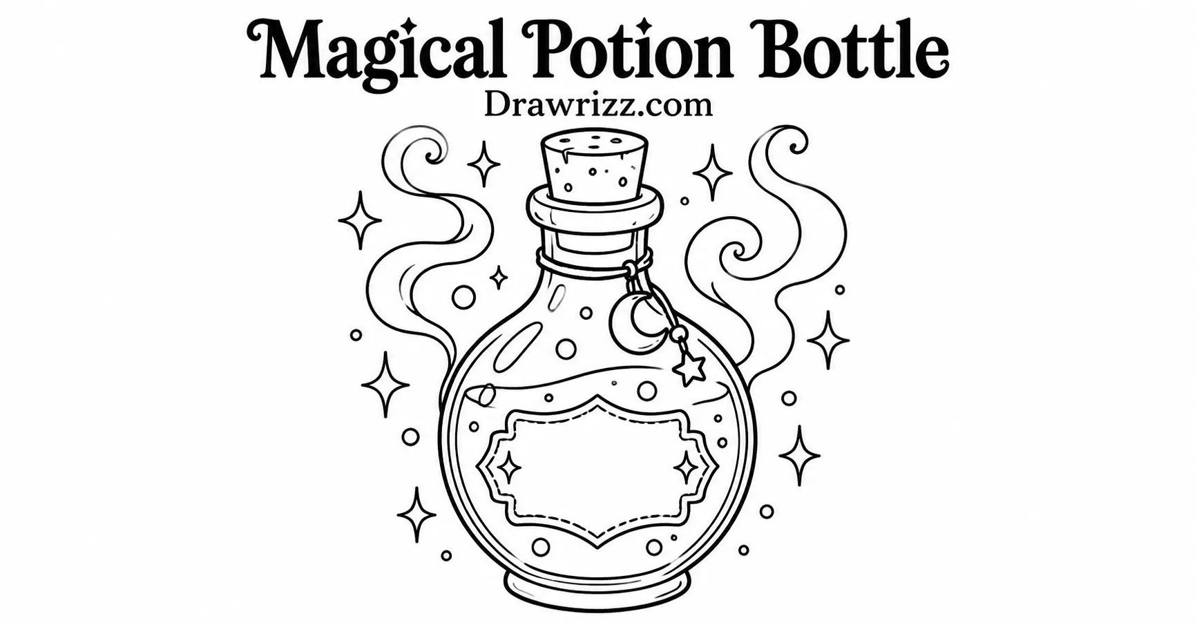 35 Halloween Drawing Ideas for Cute and Spooky Sketches Magical Potion Bottle drawing featuring a corked glass bottle with swirling magic, stars, bubbles, and clean black-and-white outlines.