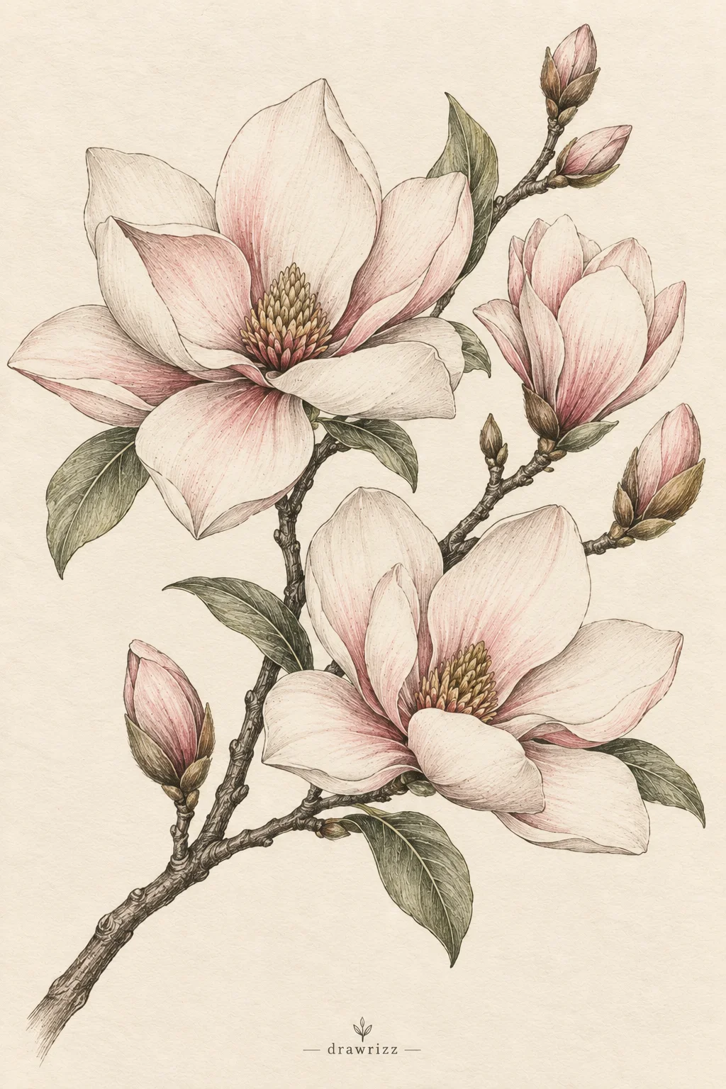 Magnolia Branch easy flower drawing ideas featuring soft pink magnolia blossoms, delicate buds, textured branches and elegant green leaves.