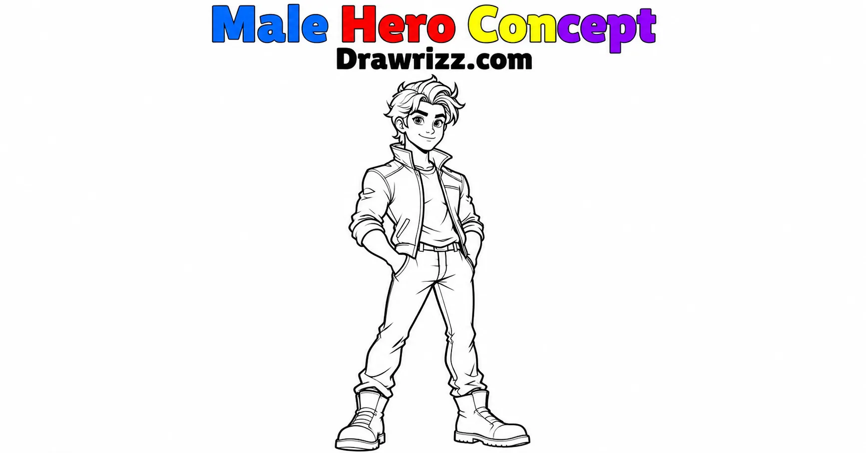 Character Sketch Ideas featuring a confident male hero with styled hair, casual jacket, trousers and boots in black-and-white line art.