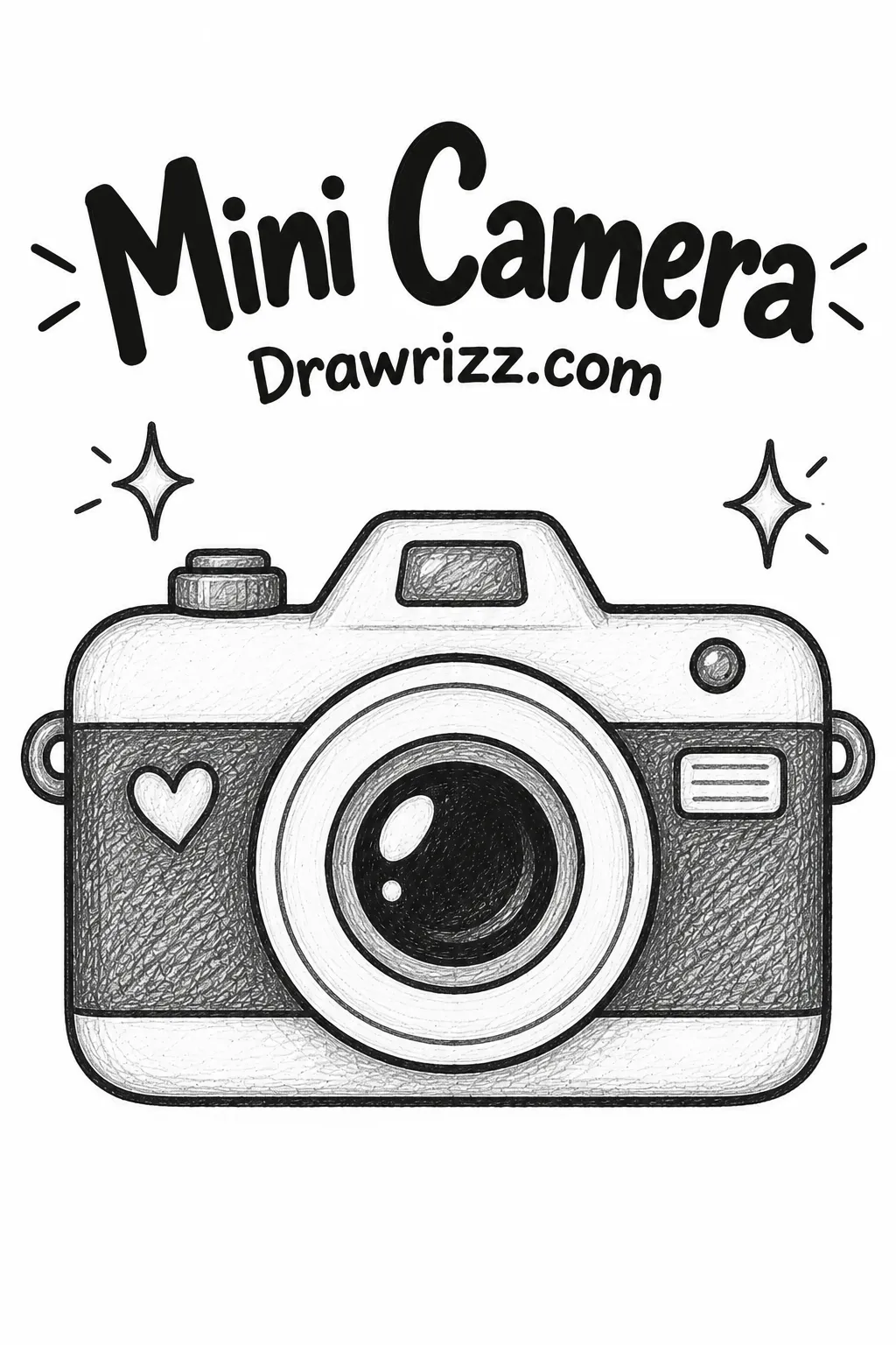 Easy Doodle Drawing Ideas featuring a mini camera with large lens, heart detail and simple black-and-white pencil art for beginners.