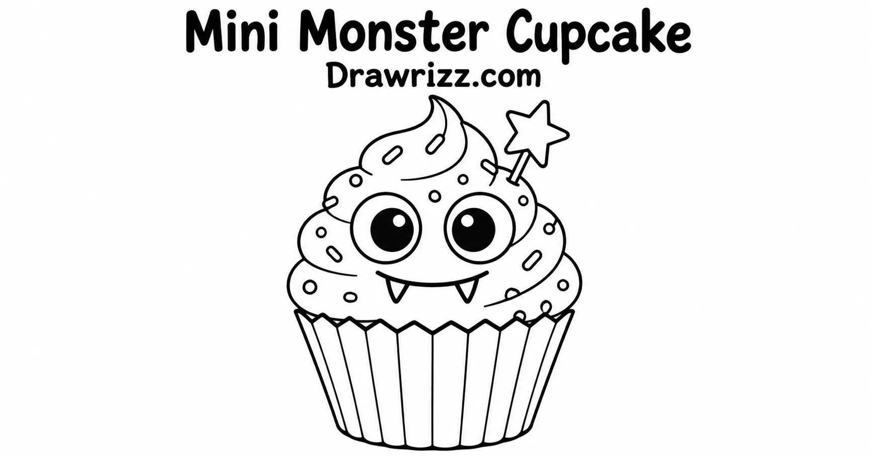 35 Halloween Drawing Ideas for Cute and Spooky Sketches Mini Monster Cupcake drawing featuring a cute frosted cupcake with big eyes, tiny fangs, sprinkles, and clean black-and-white outlines.