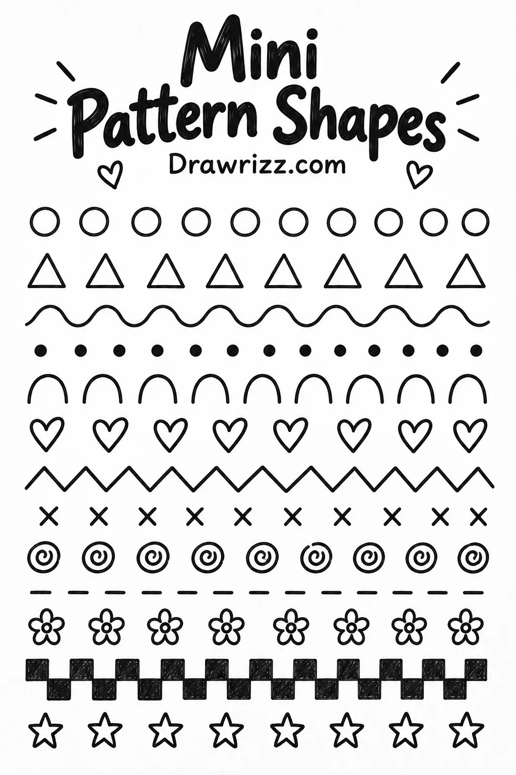 Easy Doodle Drawing Ideas featuring mini pattern shapes with circles, triangles, waves, dots, hearts, zigzags, spirals, flowers and stars.