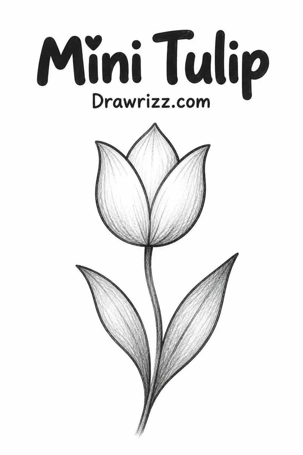 Easy Doodle Drawing Ideas featuring a mini tulip with three petals, curved stem and simple leaves in black-and-white pencil art.