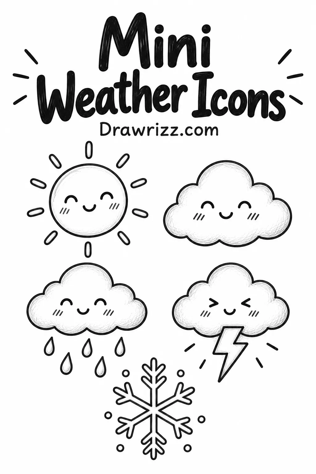 Easy Doodle Drawing Ideas featuring mini weather icons with a smiling sun, clouds, raindrops, lightning and snowflake in simple line art.