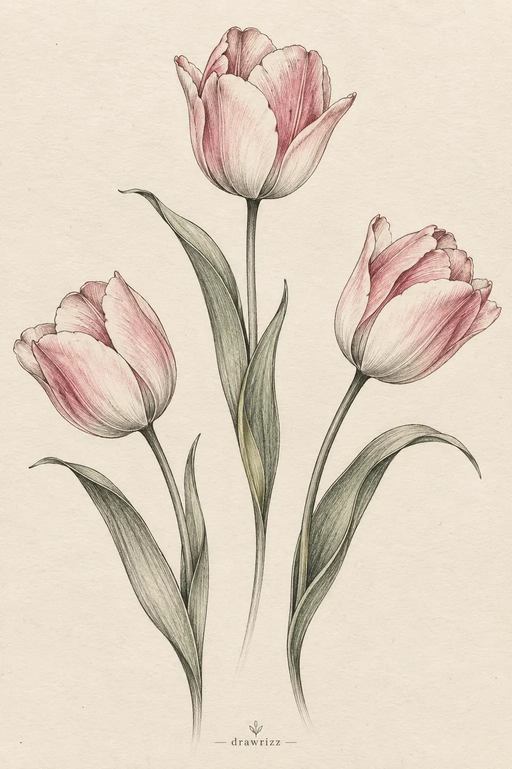 Minimal Tulip easy flower drawing ideas featuring three soft pink tulip sketches with elegant stems and detailed green leaves.
