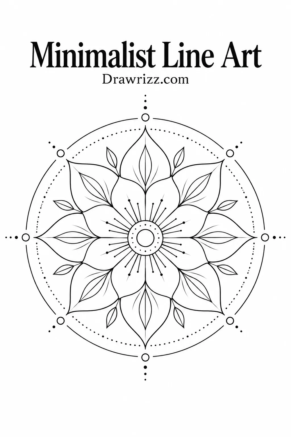 Mandala Drawing Ideas featuring minimalist line art with symmetrical floral petals, delicate leaves, dotted circles, and clean geometric details.