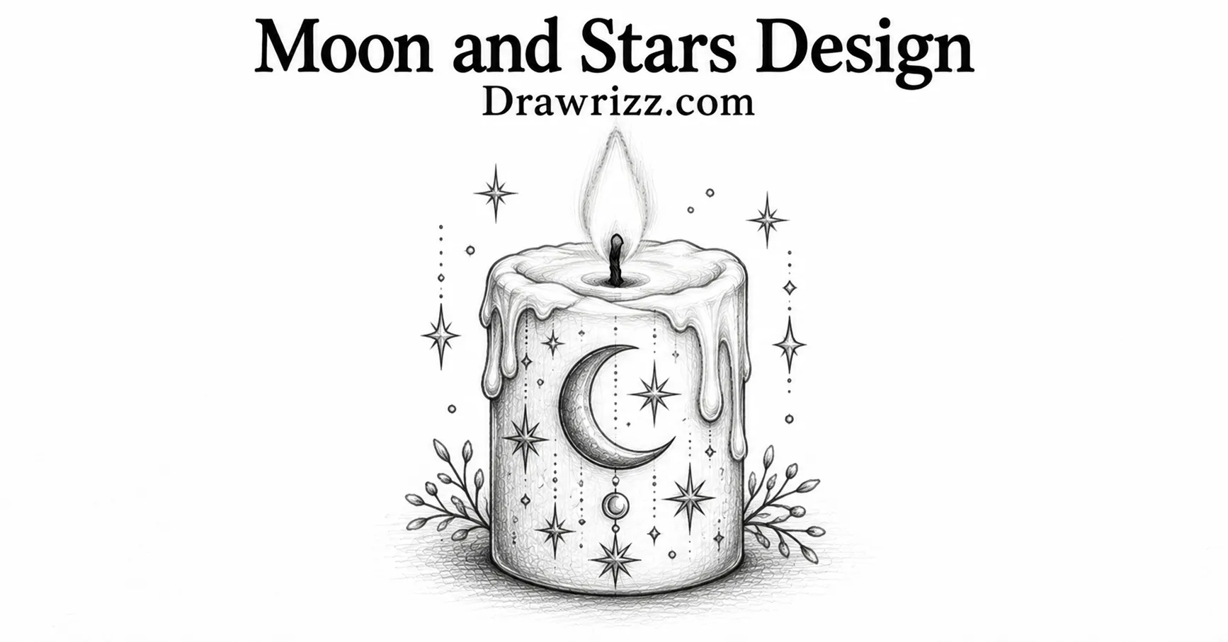 Moon and Stars Design candle drawing with crescent moon, celestial stars, melting wax, flame, and black and white pencil details.