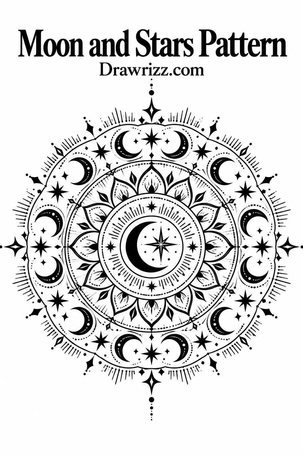Mandala Drawing Ideas featuring a moon and stars pattern with crescent moons, celestial stars, floral details, radiant lines, and symmetrical ornamental layers.