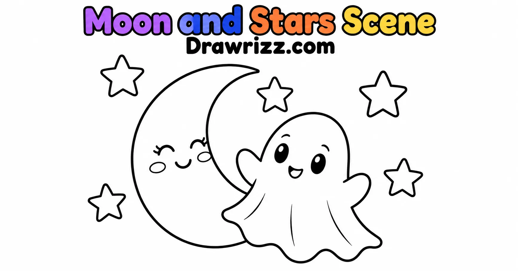 Moon and Stars Scene from Ghost Drawing Ideas, featuring a cute ghost beside a crescent moon and stars for easy kids coloring