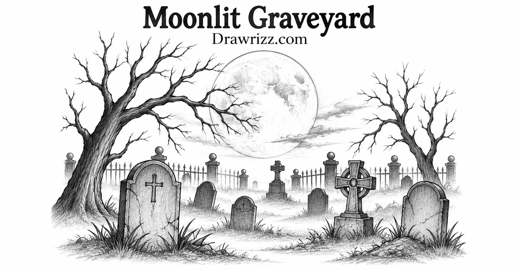 35 Halloween Drawing Ideas for Cute and Spooky Sketches Moonlit Graveyard drawing featuring old tombstones, bare trees, iron fencing, and a glowing full moon in a spooky cemetery scene.