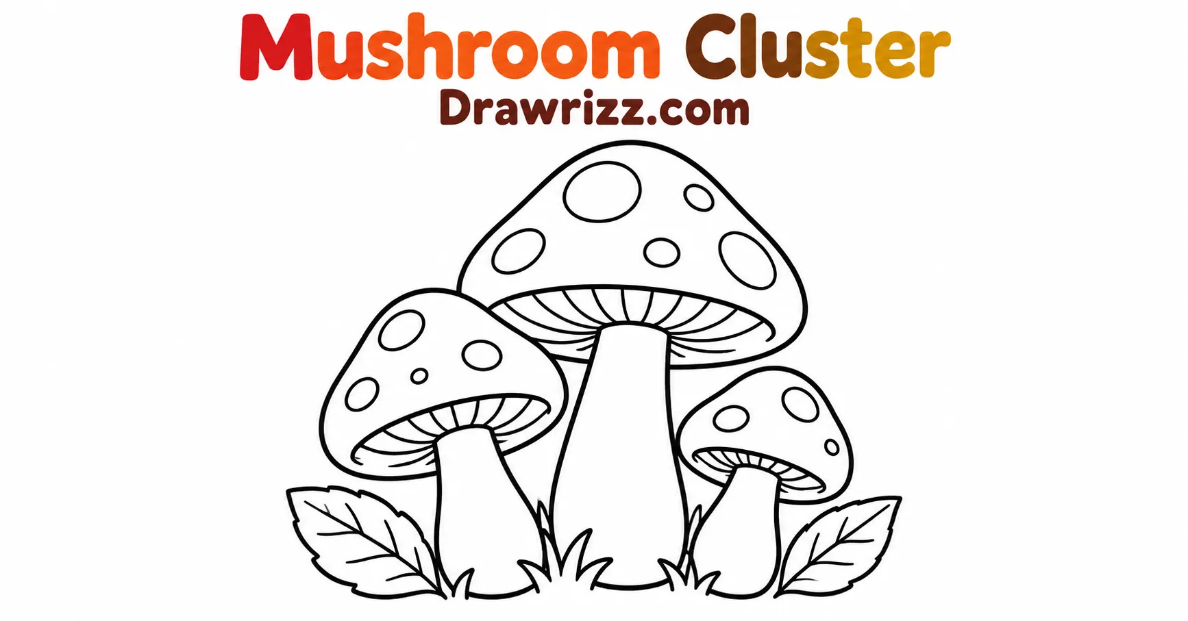 Fall Drawing Ideas featuring a cute mushroom cluster with spotted caps and simple leaves, perfect for kids and easy autumn sketches.