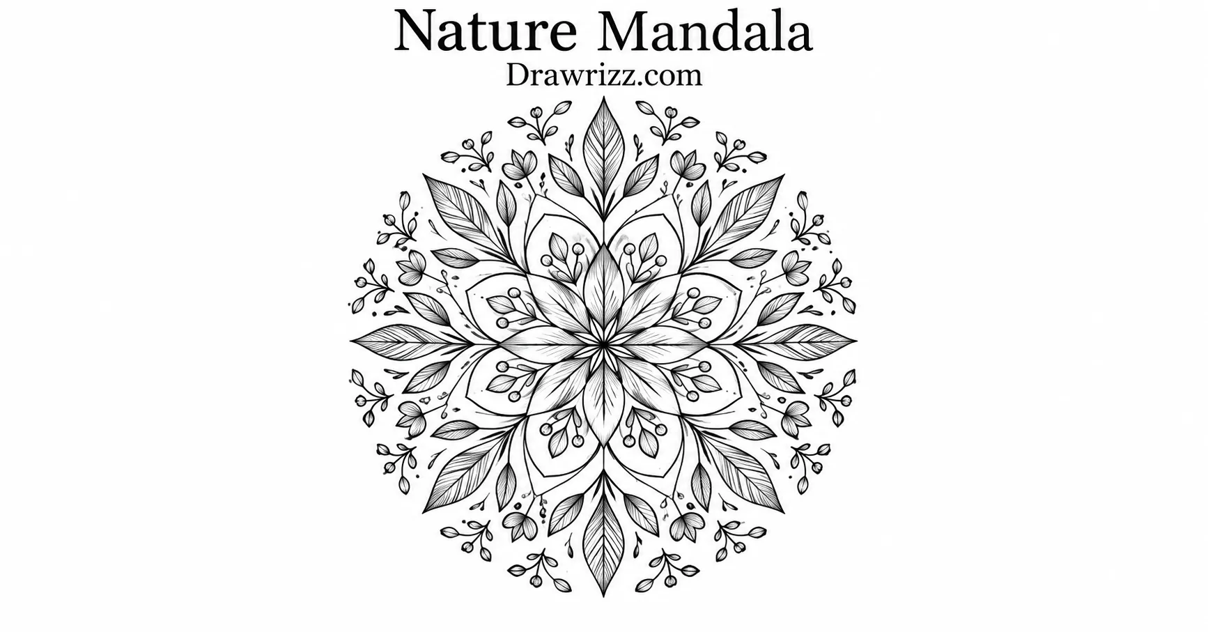 35 Leaf Drawing Ideas for Creative Botanical Sketches Leaf Drawing Ideas featuring a detailed nature mandala with symmetrical leaves, delicate botanical sprigs, tiny buds and floral shapes arranged in intricate black-and-white line art.