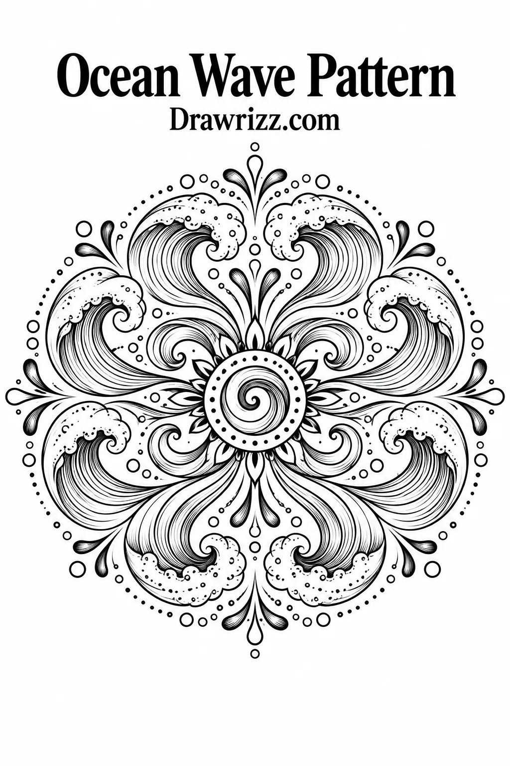 Mandala Drawing Ideas featuring an ocean wave pattern with swirling water, foamy crests, flowing line details, bubbles, and radial symmetry.