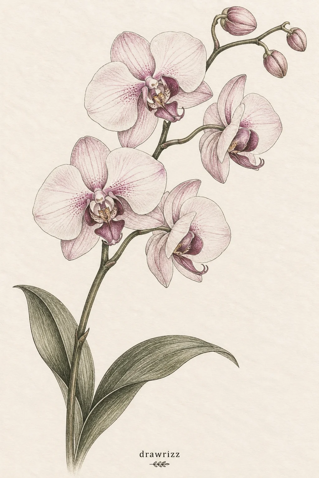 Orchid Stem easy flower drawing ideas featuring soft pink orchid blooms, delicate buds, curved stems and elegant green leaves.