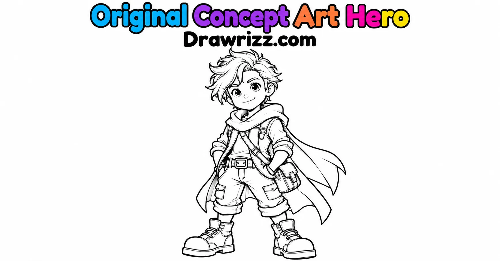 Character Sketch Ideas featuring an original young hero with styled hair, cape, shoulder bag and boots in clean black-and-white line art.