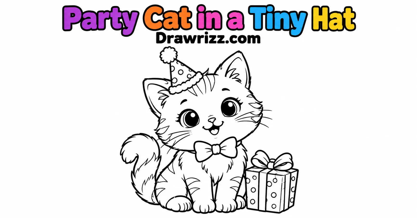 Happy Birthday Drawing Ideas featuring a cute party cat wearing a tiny hat and bow tie beside a wrapped gift in easy coloring line art