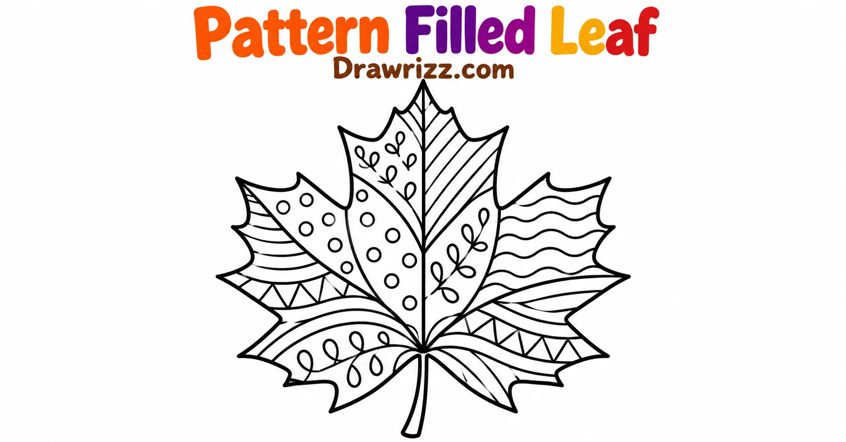 Fall Leaves Drawing Ideas featuring a pattern-filled maple leaf with dots, waves, stripes and geometric details for easy coloring