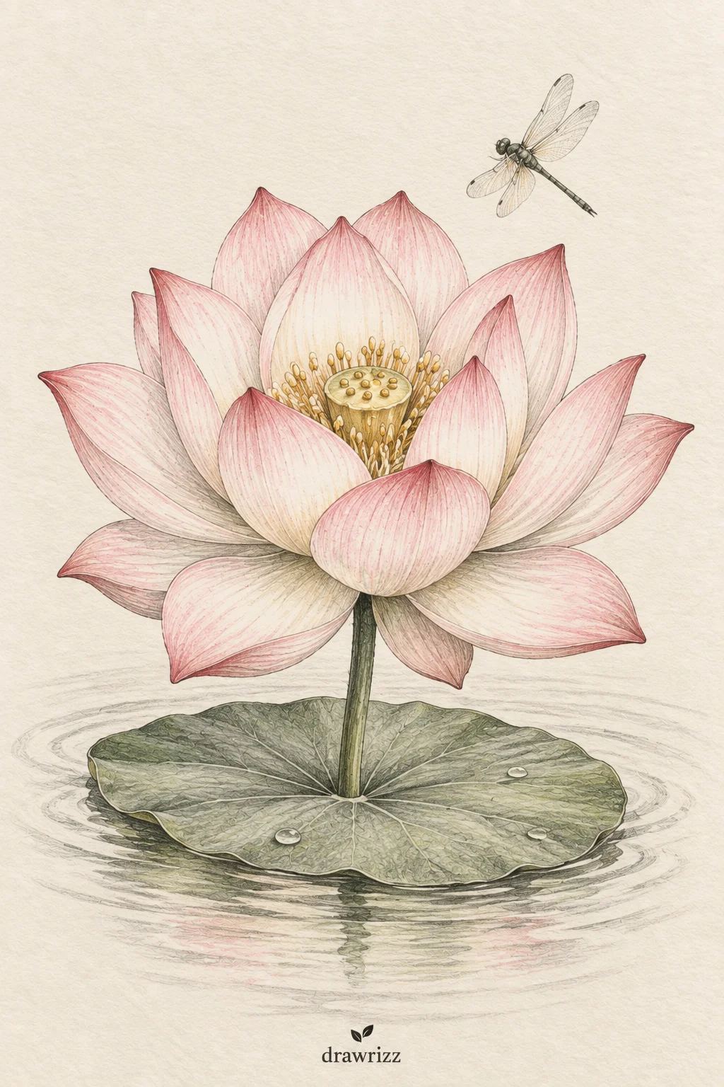 Peaceful Lotus easy flower drawing ideas featuring a soft pink lotus bloom with layered petals, lily pad, water details and a dragonfly.