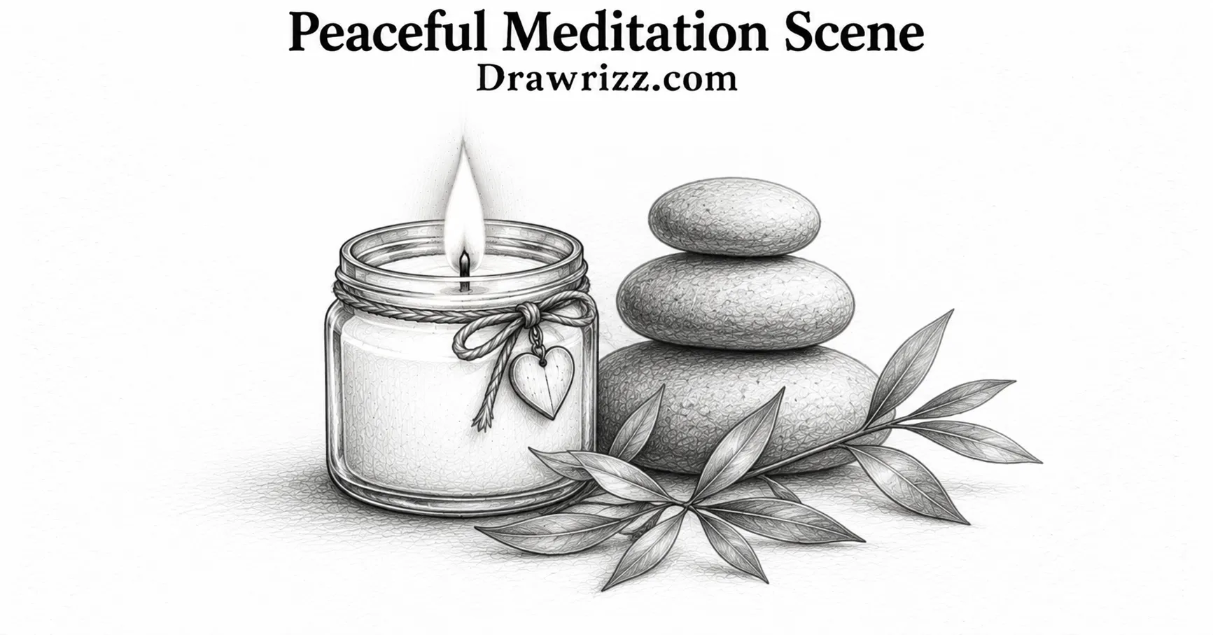 Peaceful meditation scene drawing with glowing jar candle, stacked zen stones and leafy branch in detailed black-and-white pencil art.