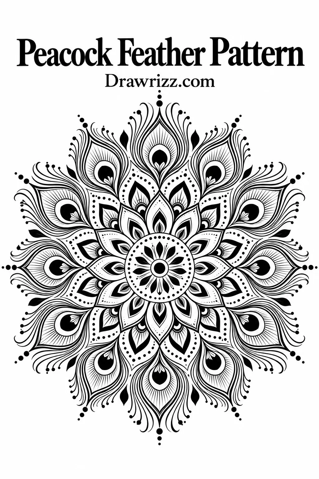 Mandala Drawing Ideas featuring a peacock feather pattern with elegant eye-shaped details, layered petals, flowing lines, and balanced radial symmetry.