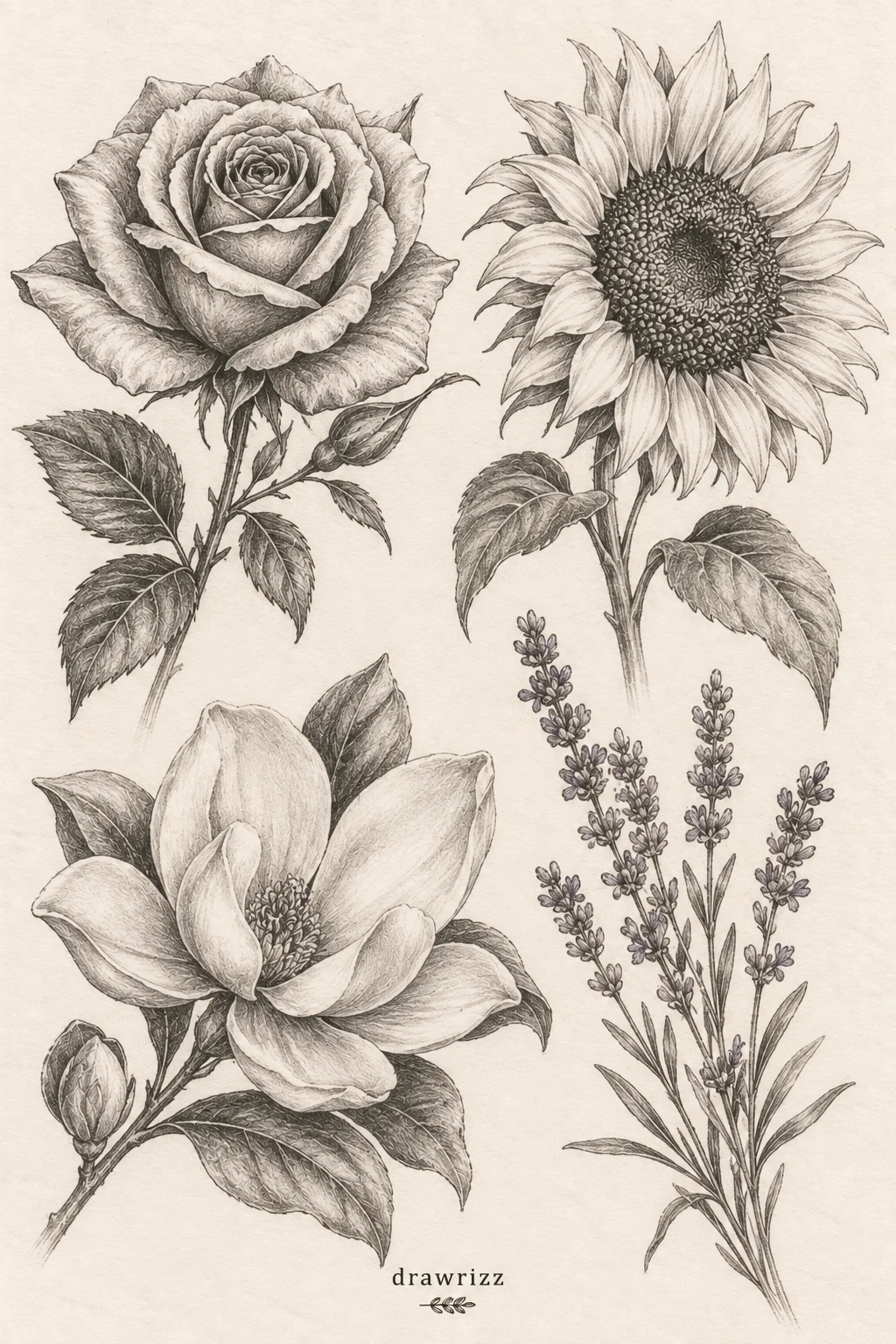 Pencil Flower Drawing Ideas featuring a detailed rose, sunflower, magnolia bloom, and lavender sprigs with realistic petals, textured leaves, delicate shading, and elegant botanical pencil sketch details.