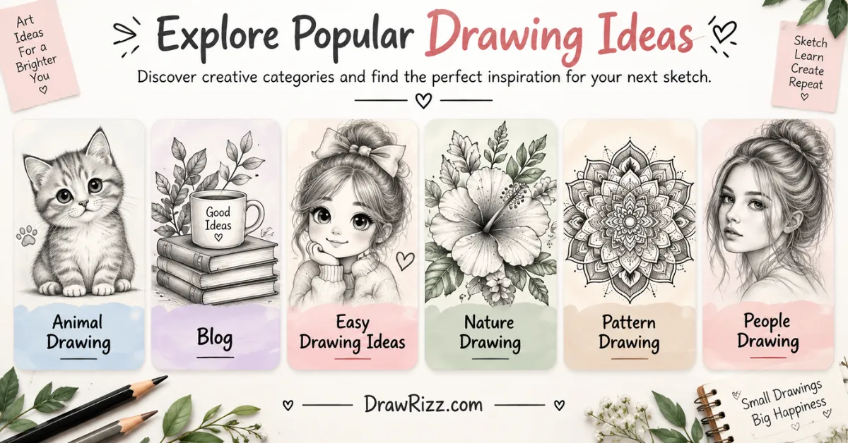 Home Popular Drawing Ideas featuring animal, nature, pattern, people and easy drawing categories with creative sketches for beginners.