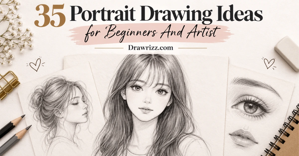 Portrait drawing ideas feature image with elegant pencil sketches of a young woman, side profile, eye and lips for beginners.
