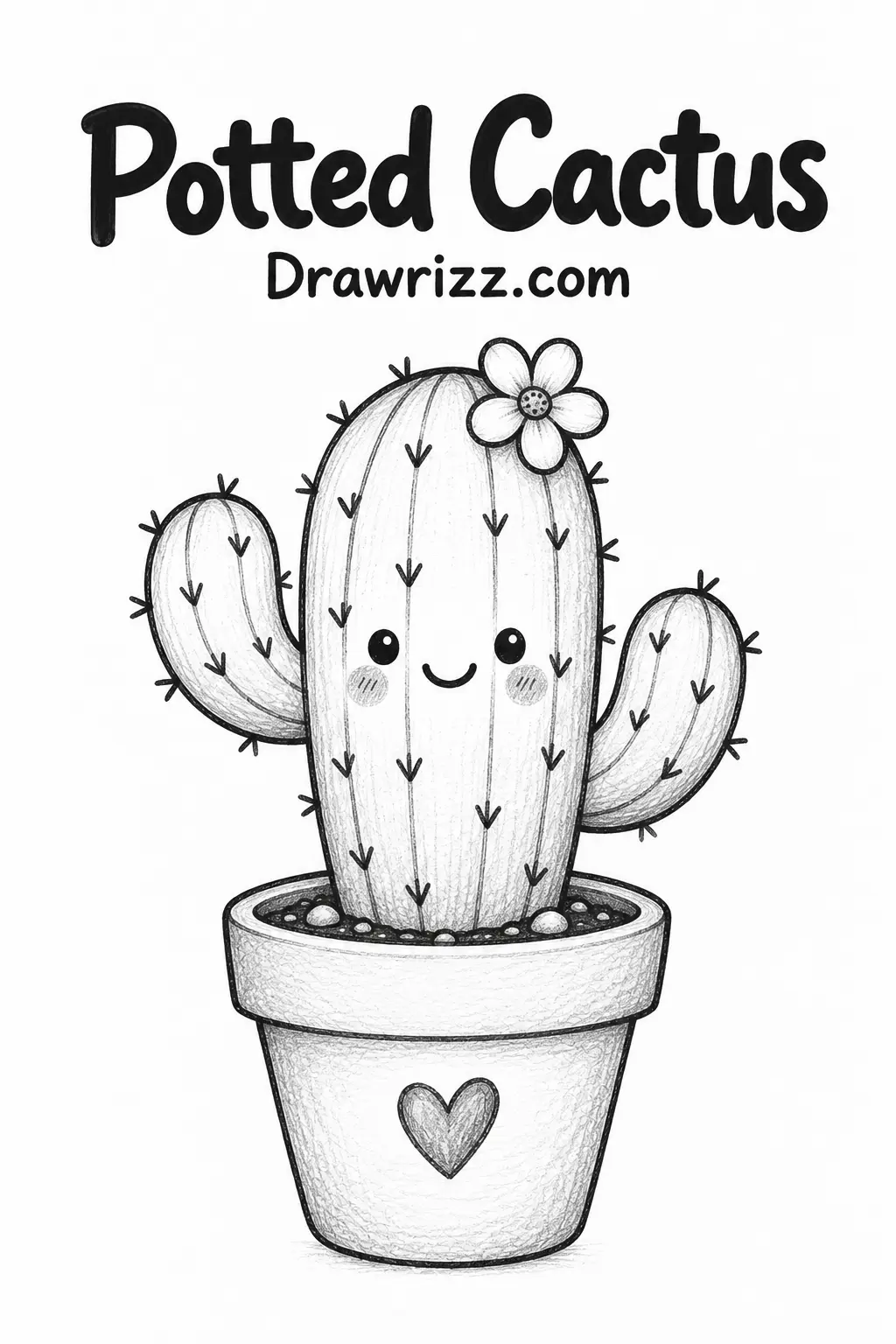 Easy Doodle Drawing Ideas featuring a cute potted cactus with smiling face, tiny flower and simple pencil details for beginners.
