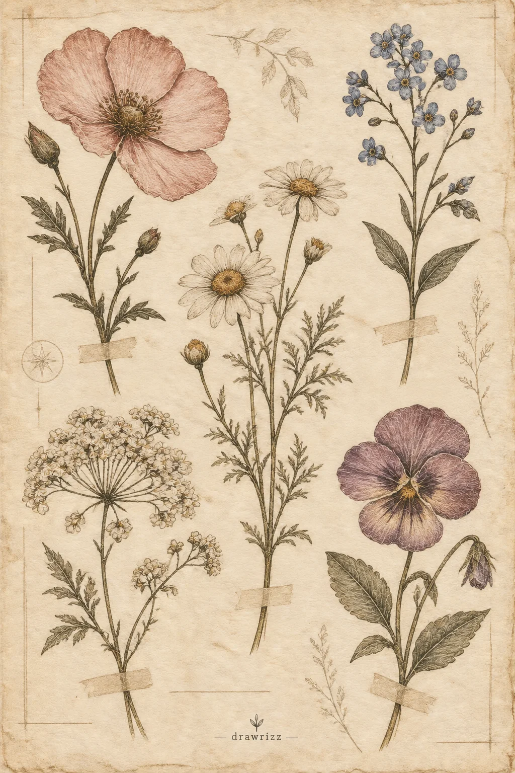 Pressed Flower Inspired Page flower drawing ideas featuring a soft pink poppy, delicate daisies, blue forget-me-nots, Queen Anne’s lace, a purple pansy, leafy stems, and vintage pressed botanical details.
