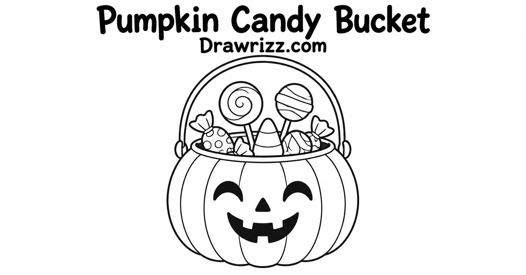 35 Halloween Drawing Ideas for Cute and Spooky Sketches Pumpkin Candy Bucket drawing featuring a smiling pumpkin filled with lollipops, candy corn, and wrapped Halloween treats.