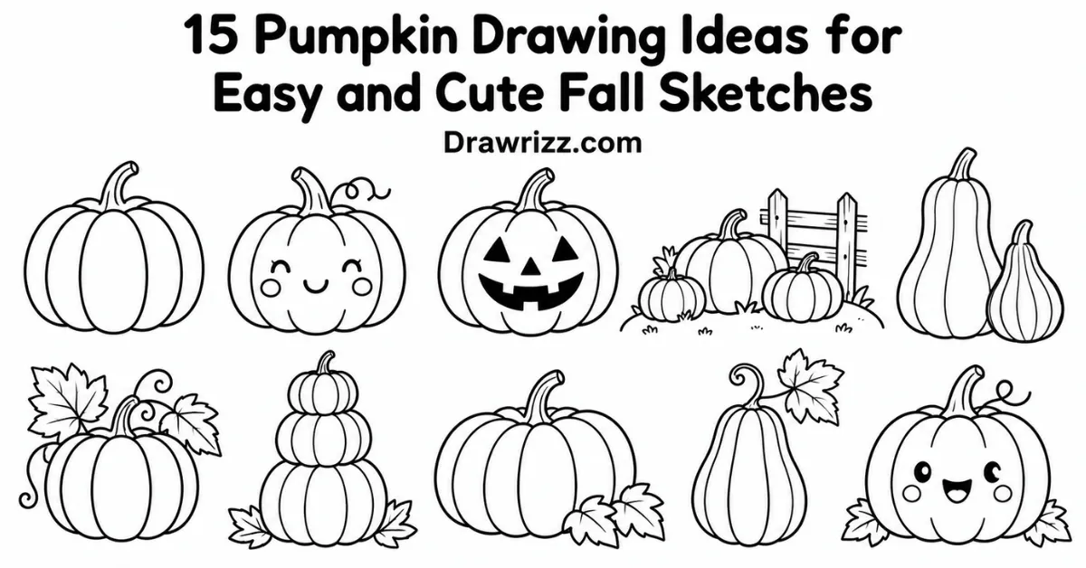 Pumpkin Drawing Ideas featuring 15 easy cute fall sketches with jack-o’-lanterns, stacked pumpkins, gourds, leaves and patch scenes