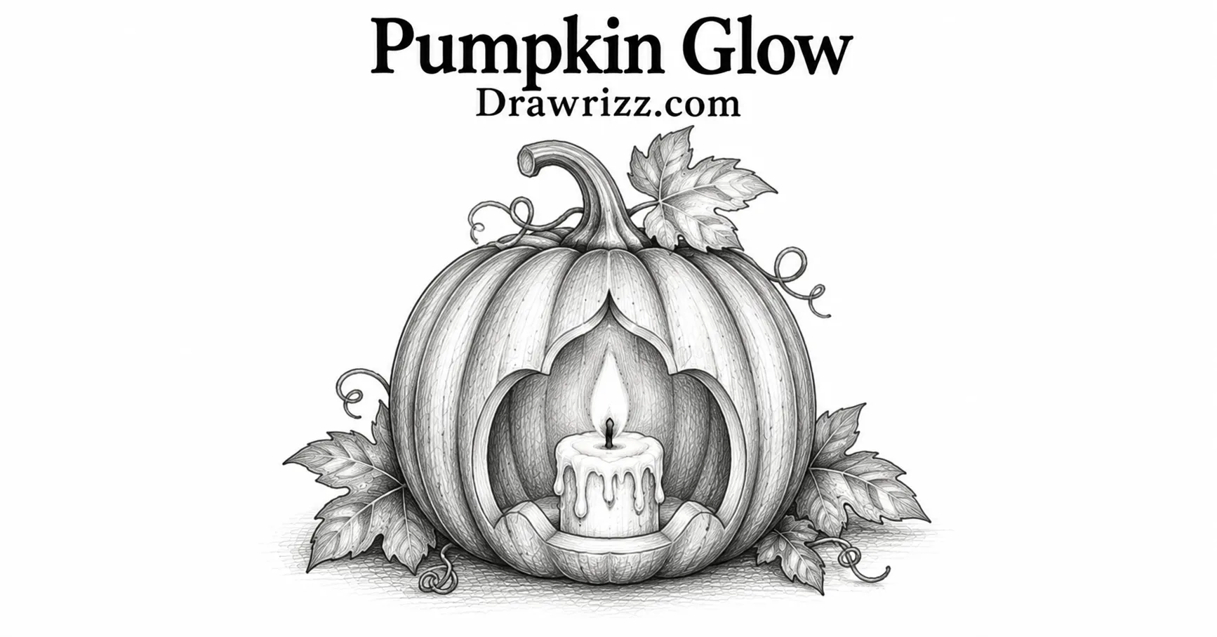 Pumpkin Glow candle drawing with carved pumpkin, burning candle, autumn leaves, curling vines, and black and white pencil details.