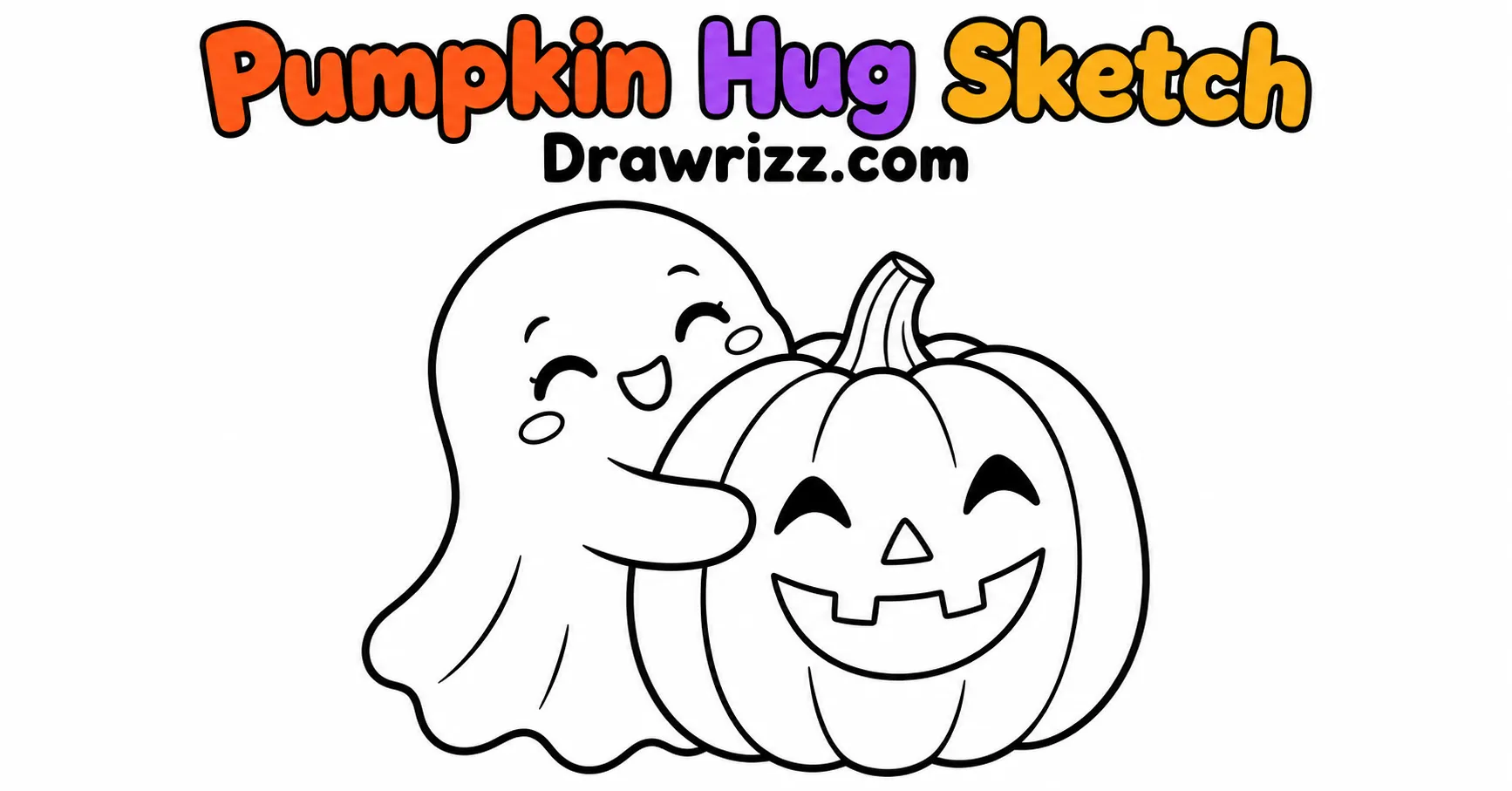 Pumpkin Hug Sketch from Ghost Drawing Ideas, featuring a cute ghost hugging a smiling pumpkin with bold outlines for kids coloring.