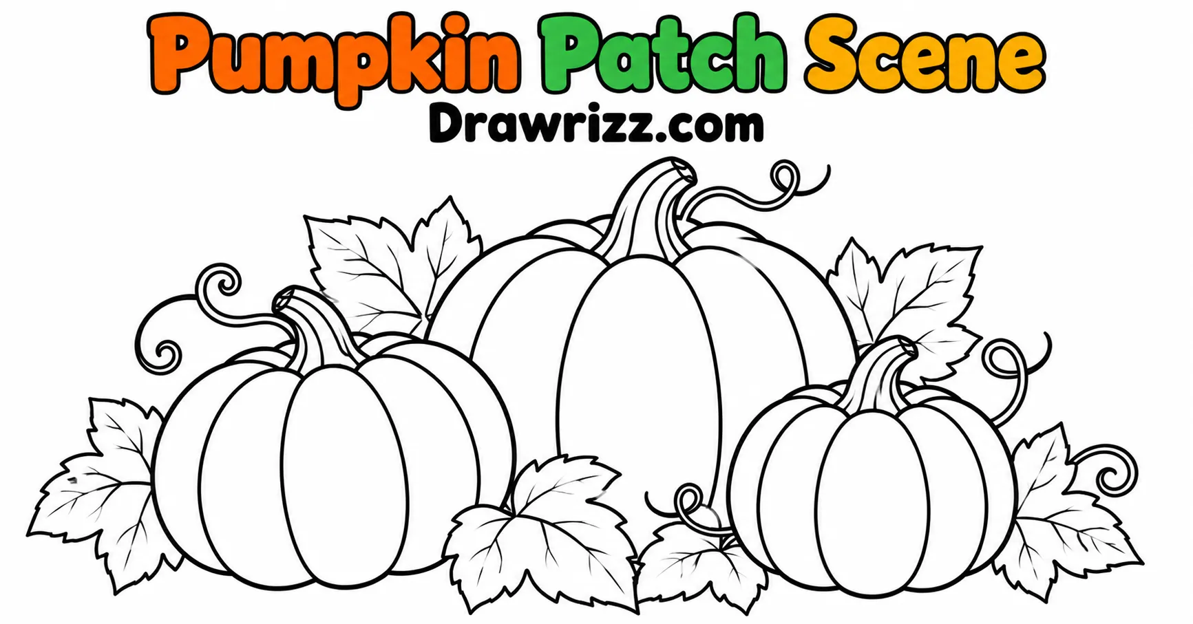 Fall Drawing Ideas featuring a pumpkin patch scene with three pumpkins, curling vines and leaves, perfect for kids and easy autumn sketches.