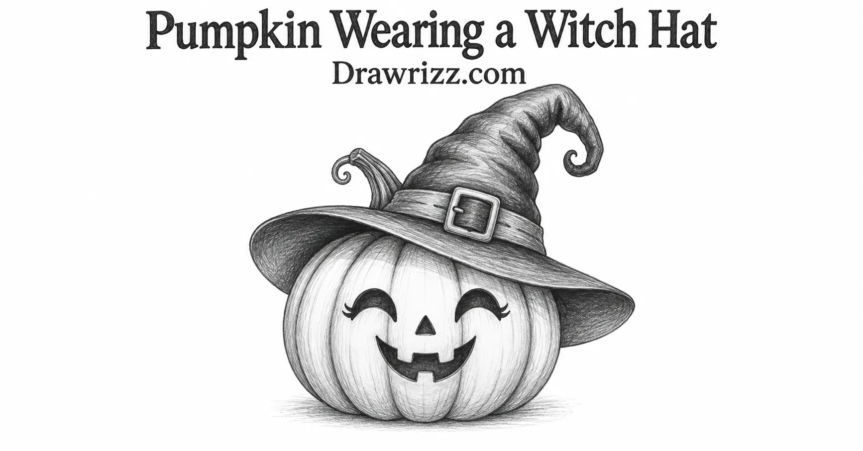 35 Halloween Drawing Ideas for Cute and Spooky Sketches Pumpkin Wearing a Witch Hat drawing featuring a smiling jack-o-lantern, crooked witch hat, buckle, and detailed pencil shading.