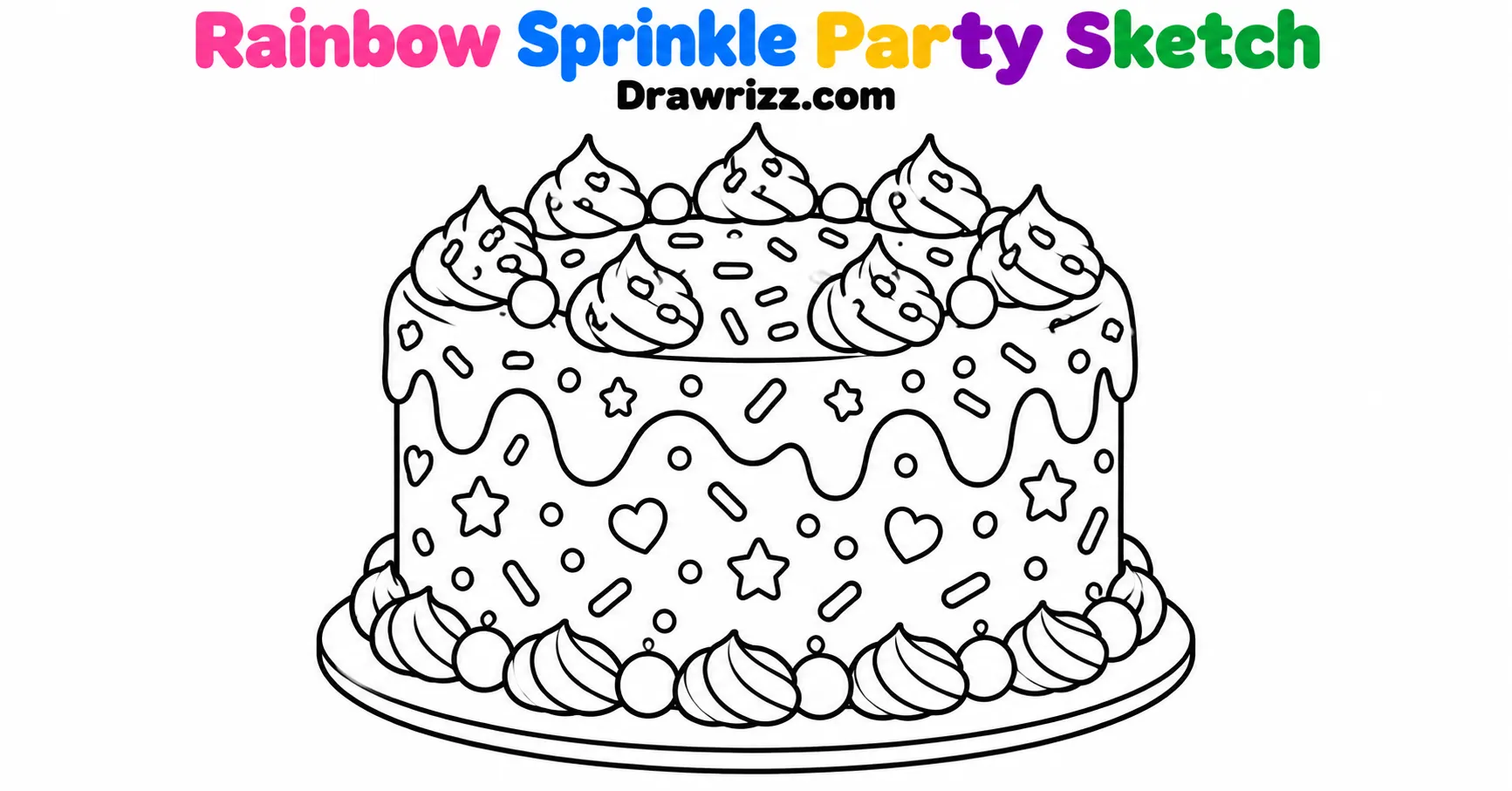Birthday Cake Drawing Ideas featuring a fun sprinkle cake with dripping frosting, hearts, stars and decorative cream swirls.