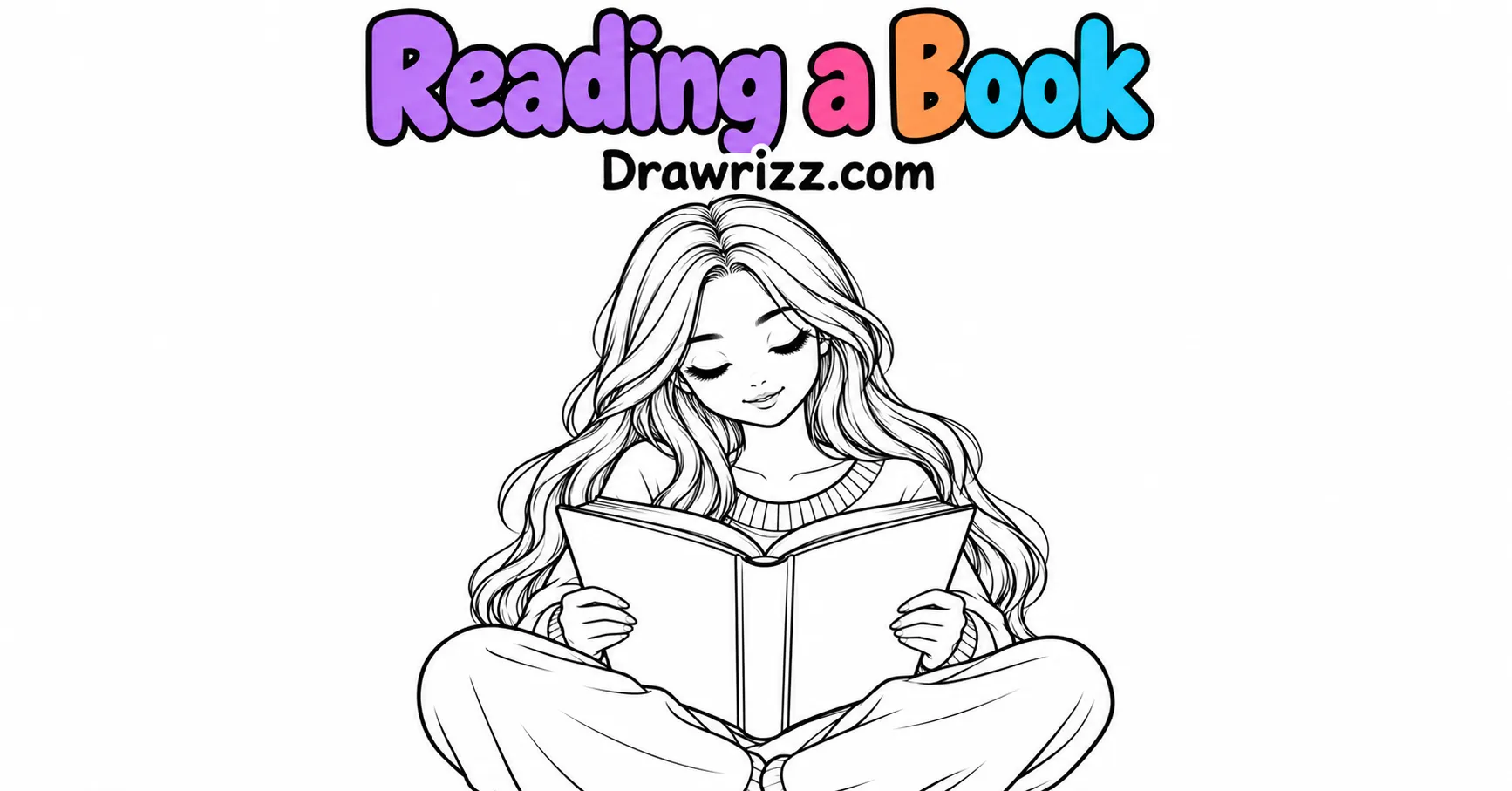 Girl Sketch Drawing Ideas featuring a cute girl reading a book with long wavy hair and simple clean black and white line art