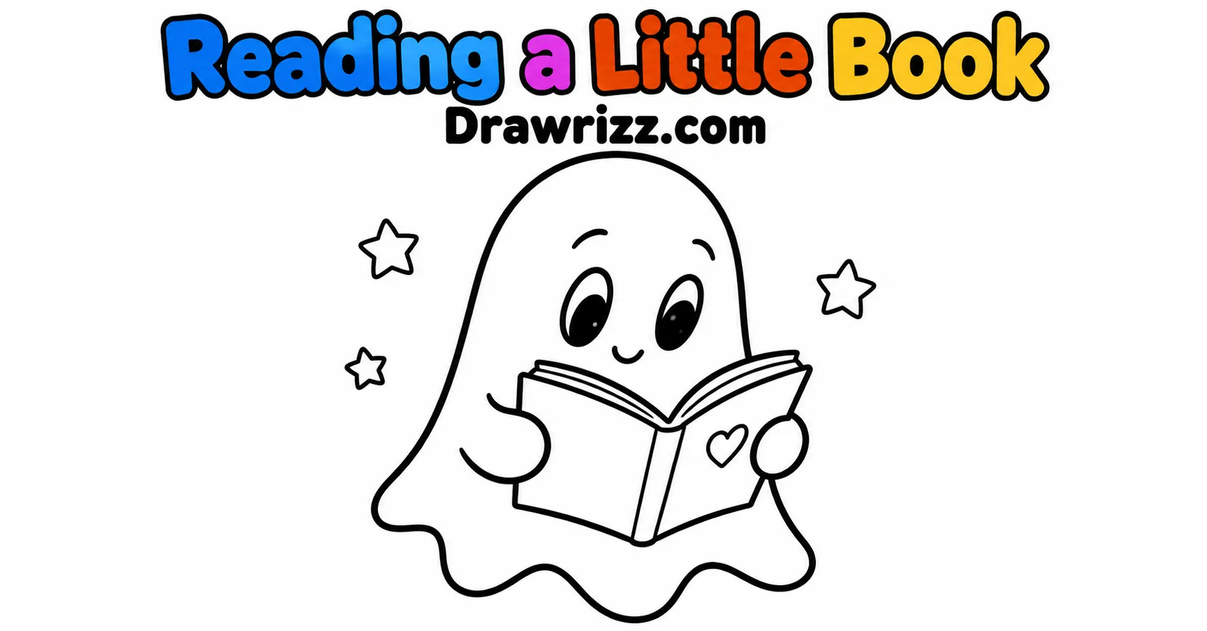 Reading a Little Book from Ghost Drawing Ideas, featuring a cute ghost reading an open book with simple bold outlines for kids coloring.