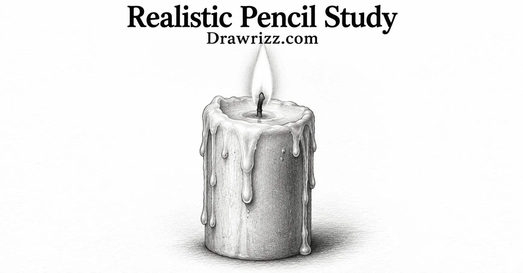 Realistic Pencil Study candle drawing with burning flame, dripping wax, detailed texture, shadows, and black and white shading.