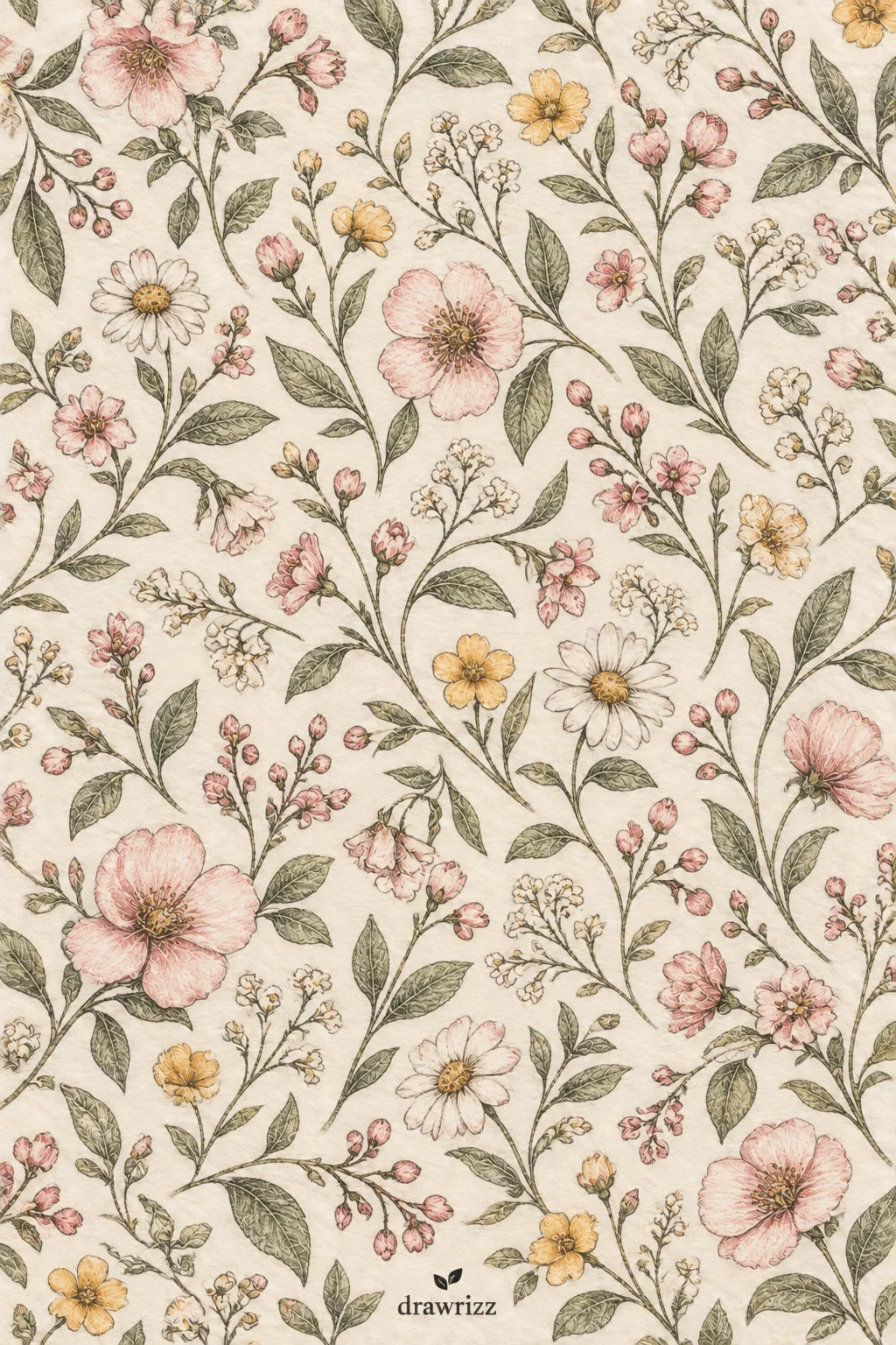 Repeating Floral Pattern flower drawing ideas featuring delicate pink blossoms, white daisies, soft yellow wildflowers, tiny buds, and graceful green leafy stems arranged in a seamless botanical-inspired pattern.