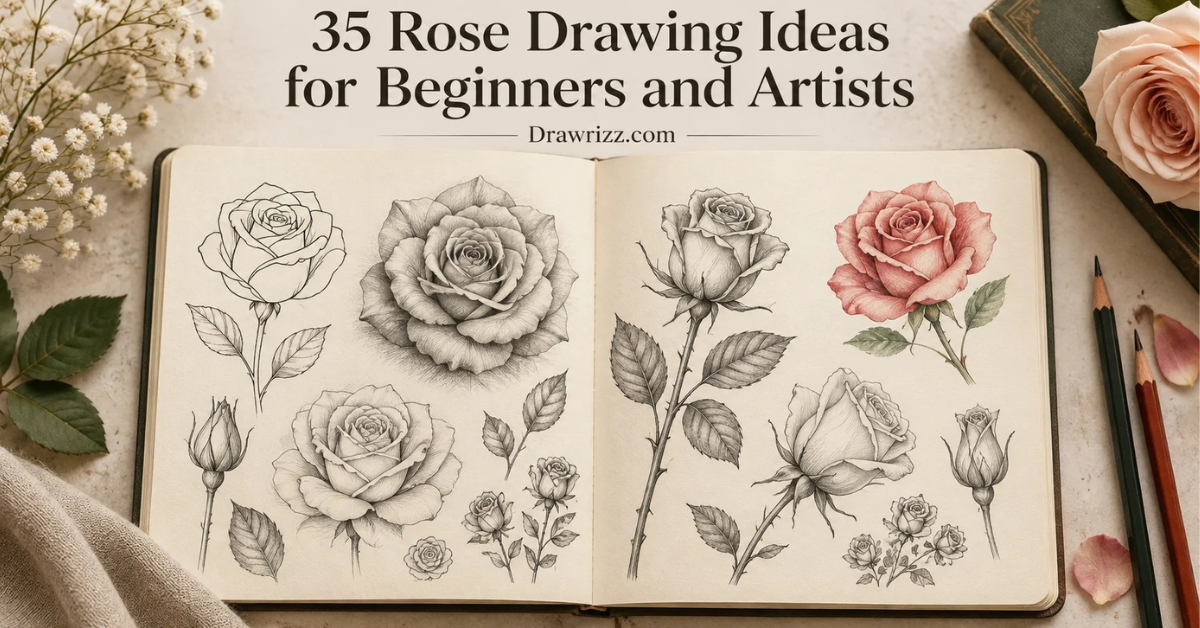 Rose drawing ideas featuring elegant graphite rose sketches, simple line art, rosebuds, leafy stems, and a soft red rose in a sketchbook.