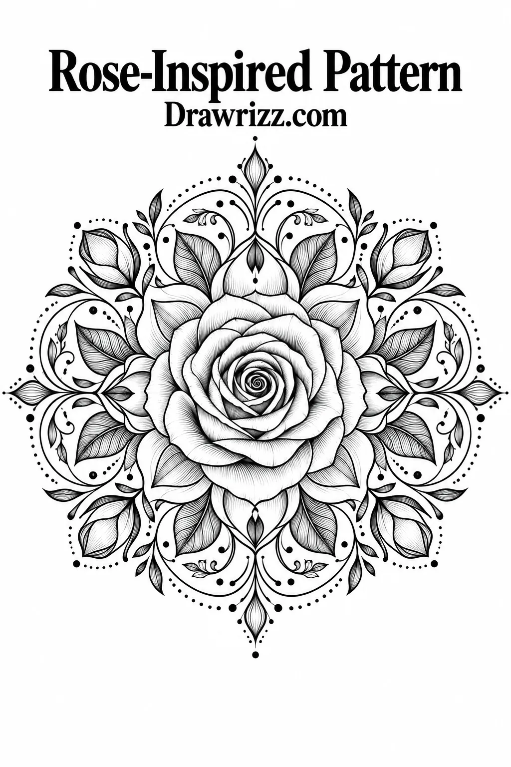 Mandala Drawing Ideas featuring a rose-inspired pattern with a detailed central bloom, layered petals, leafy accents, and elegant radial symmetry.