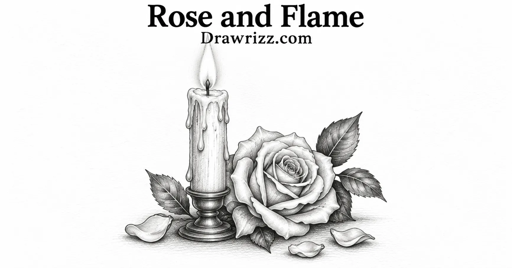 Rose and Flame candle drawing with detailed rose, burning taper, dripping wax, scattered petals, and black and white pencil shading.
