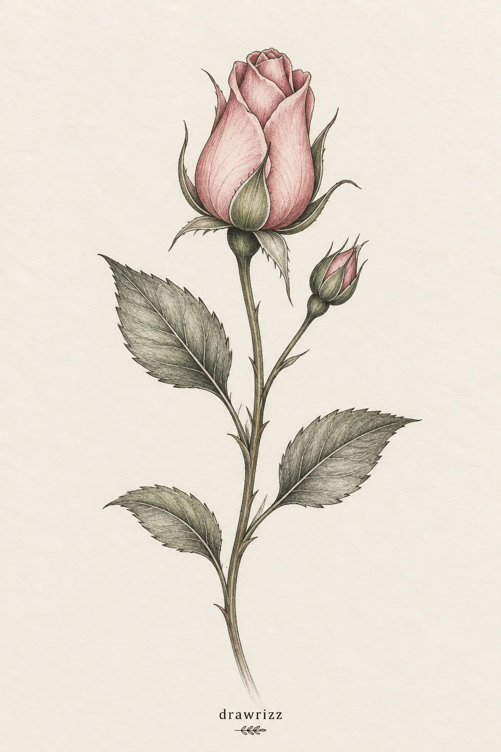 Rosebud with Leaves easy flower drawing ideas featuring a soft pink rosebud sketch with a smaller bud, thorny stem and detailed green leaves.