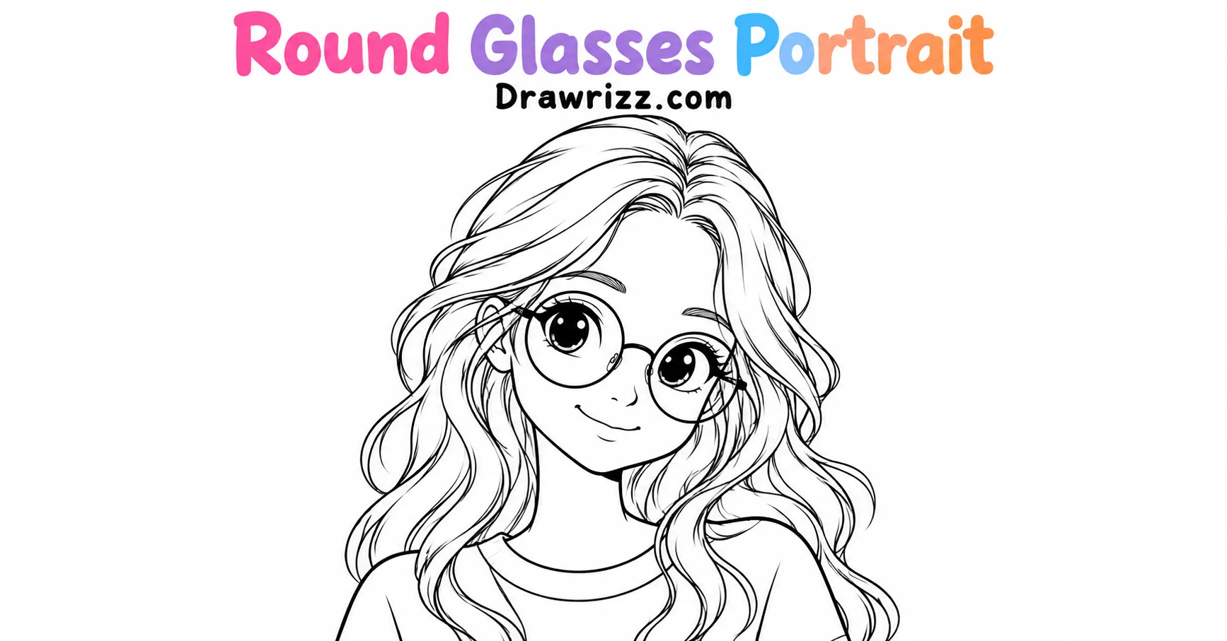 Girl Sketch Drawing Ideas featuring a cute round glasses portrait with big expressive eyes, wavy hair, and clean black and white line art
