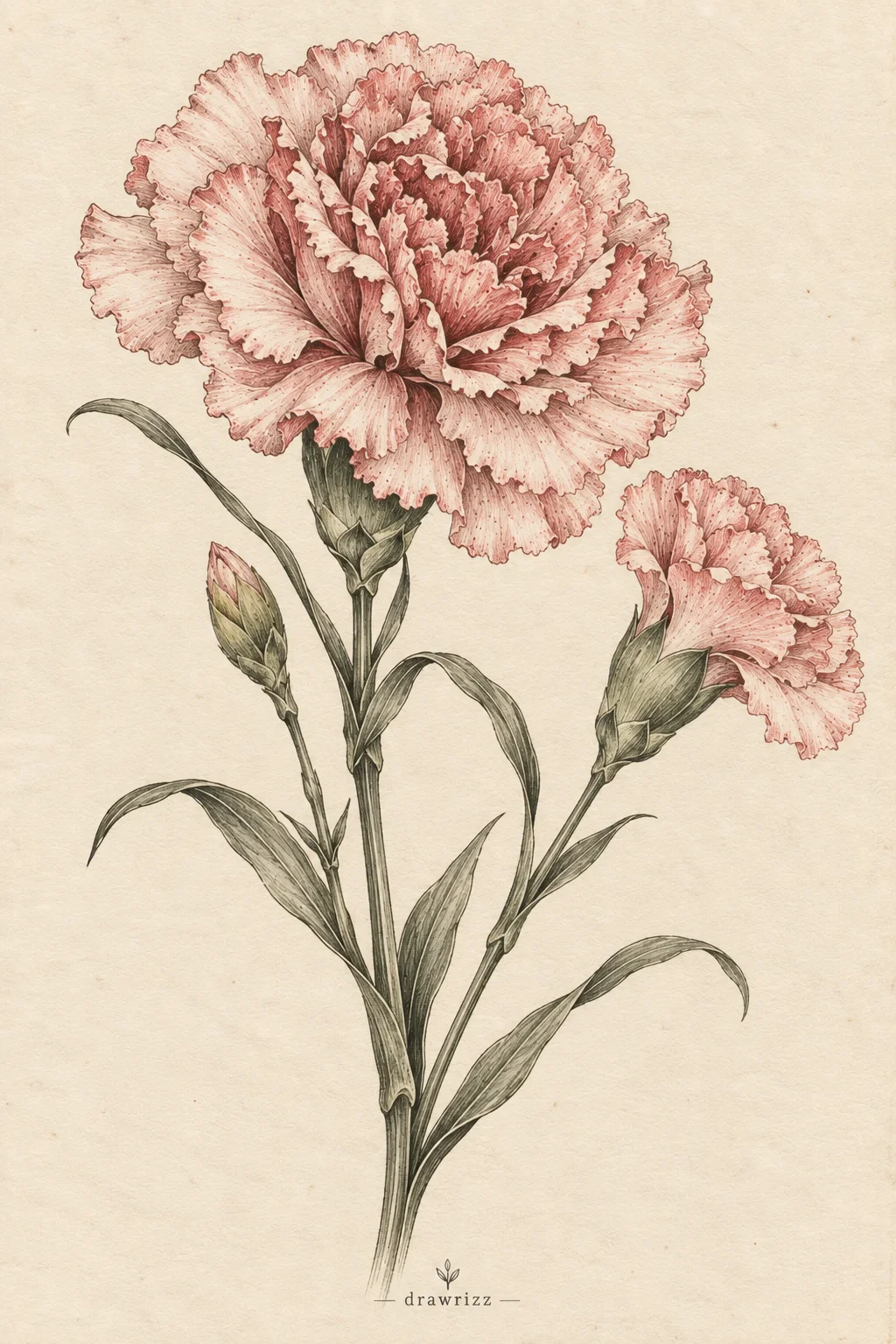 Ruffled Carnation easy flower drawing ideas featuring soft pink carnation blooms with layered ruffled petals, buds, stems and slender leaves.
