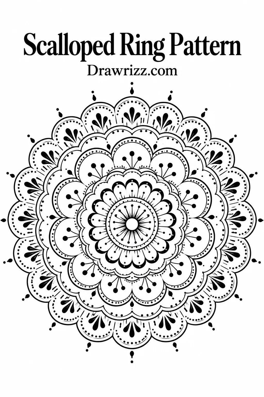 Mandala Drawing Ideas featuring a detailed scalloped ring pattern with layered circular petals, dotted accents, teardrop motifs, and radial symmetry.